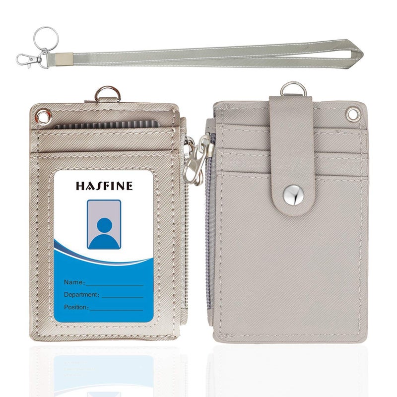 HASFINE ID Badge Holder with Lanyard,2 Sided 5 Card Slots ID Card Holder Wallet with PU Leather Zipper Pocket and Detachable Keychain Lanyard for Teens Men Women(Gray) - Image 1
